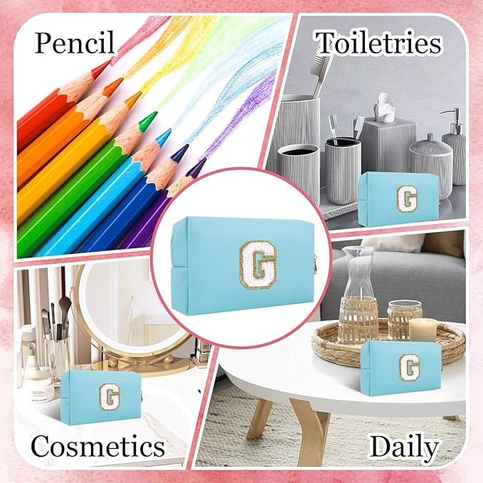 Small Personalized Letter Makeup Bag, Cute PU Leather Chenille Letters Cosmetic Bag Travel Makeup Pouch, Preppy Travel Organizer Zipper Pouch for Women&Girls（Blue-G）