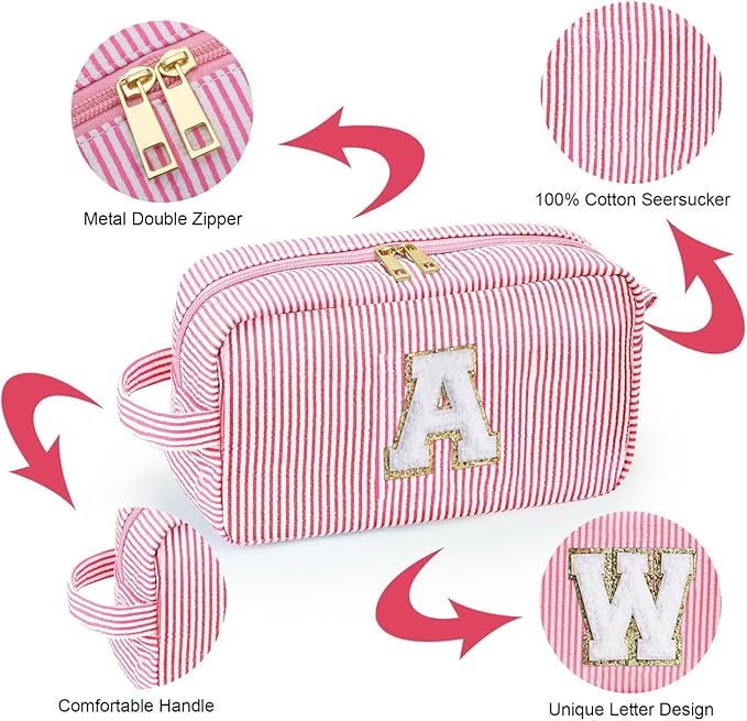 YOOLIFE Initial Makeup Bag for Women - Monogram Cute Pink Makeup Bags Cosmetic Toiletry Pouch Make Up Case for Women Her Best Friend Friendship Sister Teacher, Personalized Birthday Gifts for Women J