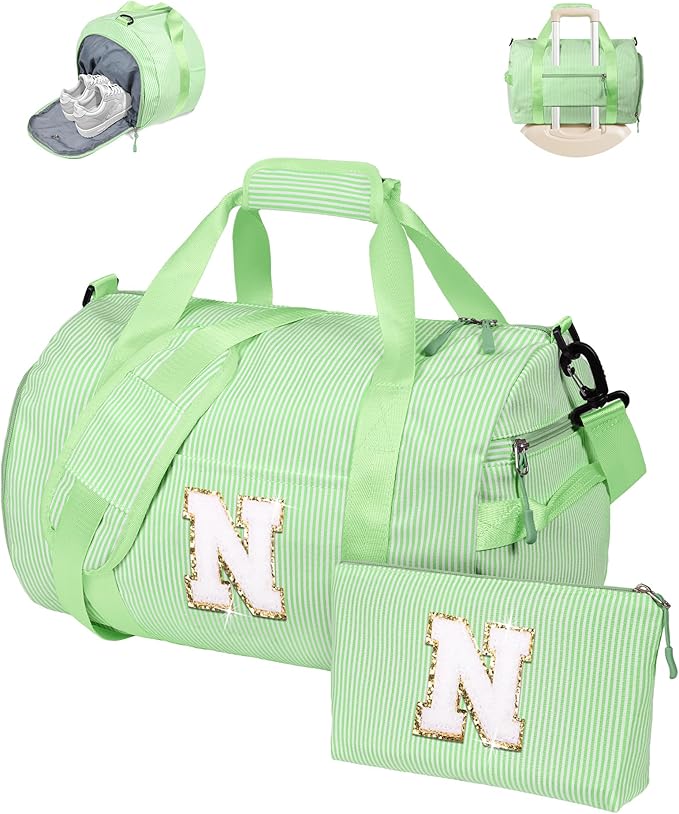 5 Year Old Girl Birthday Gift, Girls Travel Duffle Bag, Kids Initial Overnight Bags with Shoe Compartment, Personalized Weekend Bag with Makeup Pouch, Teen Gifts Trendy Stuff (Letter N)