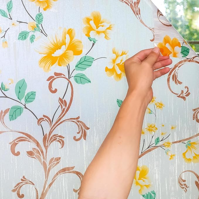 Volcanics Stained Glass Window Film, Frosted Glass Window Privacy Film, Decorative Window Clings for Glass Windows, Floral Design Static Cling Sun Blocking Windows Tint for Bathroom, 35.4 x 78.7 Inch