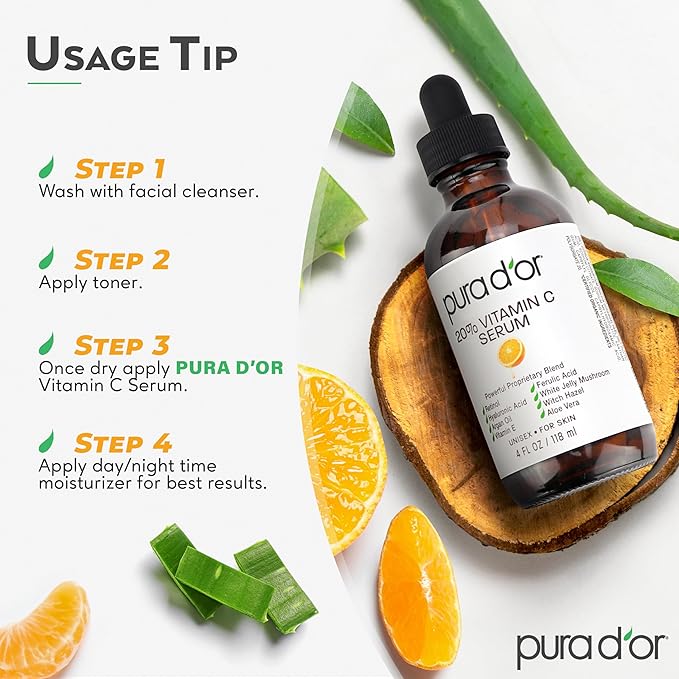 PURA D'OR 20% Vitamin C Serum 4 Oz - Lightweight Maximum Strength Formula - Retinol, Hyaluronic Acid, Ferulic Acid - Professional Grade Treatment For Face & Eyes, Wrinkles - Men & Women