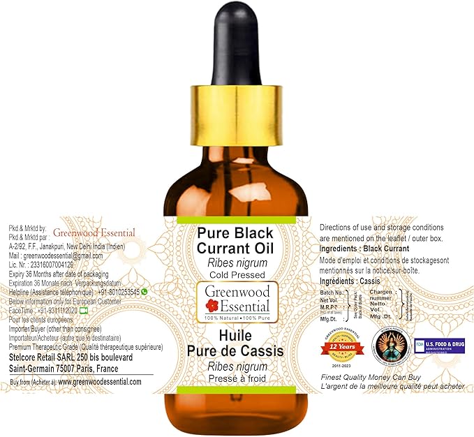 Greenwood Essential Pure Black Currant Oil (Ribes nigrum) with Glass Dropper Cold Pressed 50ml (1.69 oz)