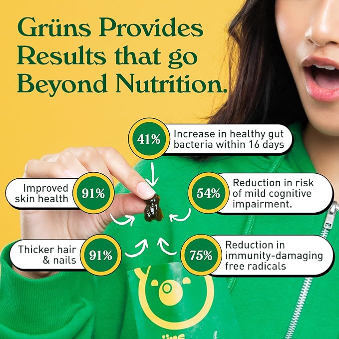 Gruns Adults Super Greens Multivitamin Gummies, Superfood Vitamin Gummy Bears with Spirulina, Chlorella, Prebiotic Fiber for Digestive Health, Adaptogens Supplement, 20 Vitamins & Minerals, 28 Count