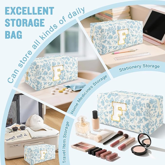 Personalized Quilted Cosmetic Bag, Puffy Monogrammed Christmas Birthday Gifts for Women & Girls, Cute initial Floral Makeup Bag Puffer Coquette Bag, Aesthetic Travel Toiletry Zipper Pouch(Blue,F)