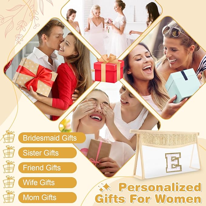 Personalized Initial Letter Bag Boho Straw Clear Makeup Bag,Small Cute Chenille Varsity Letter Bag With Zipper,Beach Travel Toiletry Bag,Portable Monogrammed Cosmetic Bag for Women Girls,E
