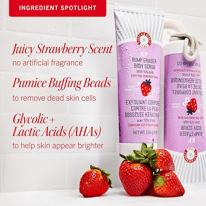 First Aid Beauty - KP Bump Eraser Body Scrub with 10% AHA, Keratosis Pilaris Exfoliator with Glycolic and Lactic acids, Helps Reduce Chicken Skin Bumps, Safe for Sensitive Skin, Strawberry Scent, 8 oz