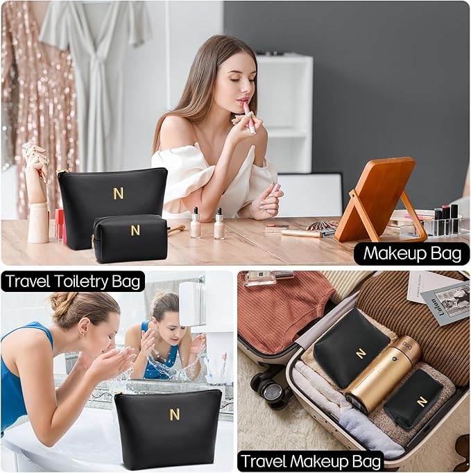 Women Gifts | Initial Makeup Bag Set for Girl Personalized Gifts for Bridesmaid Friend Graduation Teachers PU Leather Cosmetic Travel Toiletry Bag(Black,N)