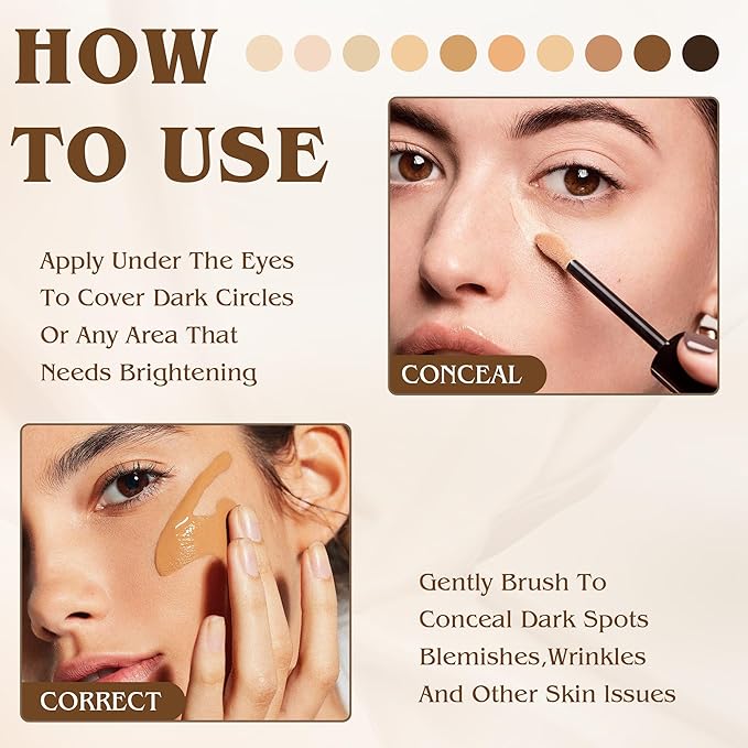 Full Coverage Liquid Concealer, Foundation Makeup for Older Women, Covers Blemishes & Under-Eye Circles, Spots, Matte Finish, Hydrating Primer for Correct, 0.06 fl oz, Vegan & Cruelty-Free 10#Deep