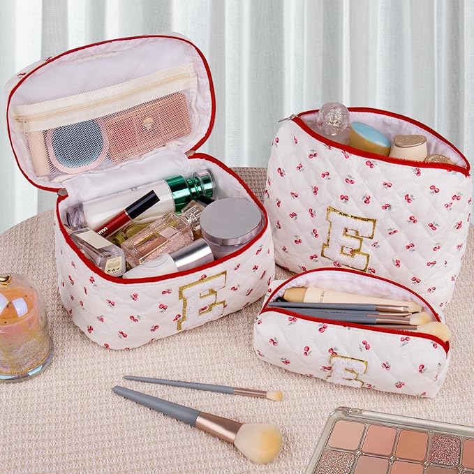 Initial Makeup Bag Set, Personalized Quilted Makeup Bag, Large Floral Cosmetic Bag for Women, Cute Cotton Custom Make up Bags, Flower Travel Toiletry Bag Teen Girl Gift Trendy Stuff Gift Red Cherry A