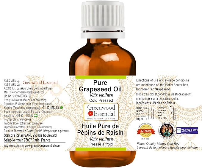 Greenwood Essential Pure Grapeseed Oil (Vitis vinifera) Cold Pressed 50ml (1.69 oz)