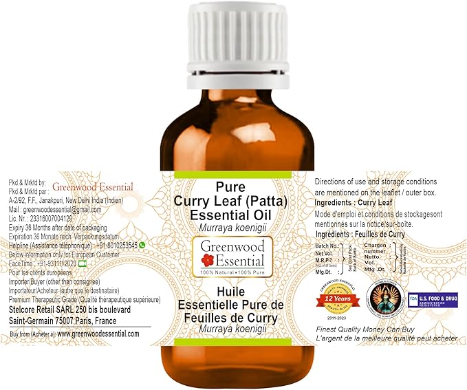 Greenwood Essential Curry Leaf (Patta) Essential Oil (Murraya koenigii) Pure | Non-Sticky | Non-Greasy | Lightweight | Men & Women | All Skin Types | Steam Distilled 15ml (0.50 oz)