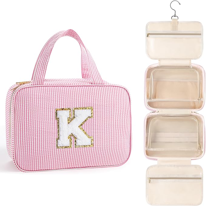 TOPEAST Christmas Gifts for Women Stocking Stuffers - Travel Hanging Toiletry Bag, Personalized Initial Toiletry Pouch, Birthday Gifts for Women Mom Daughter Sister Friends, Cruise Essentials, Pink K