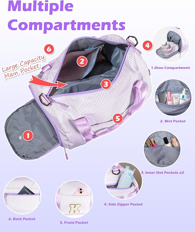 Trendy Gifts for Preteen, Girls Travel Duffle Bag, Kids Initial Overnight Duffel Bags with Shoe Compartment, Personalized Dance Bag with Cosmetic Pouch, Cute Birthday Gift (Letter M)