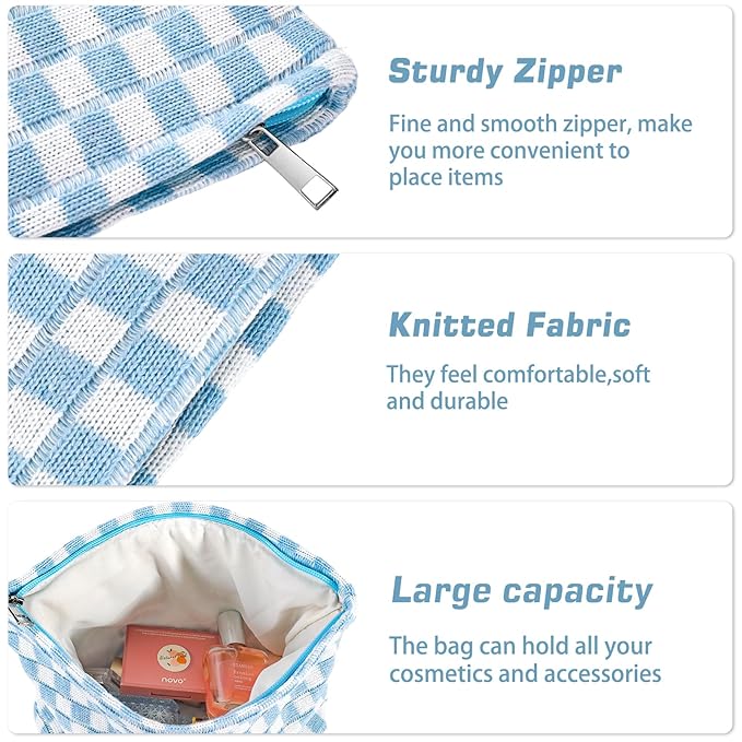 ZLFSRQ 2Pcs Checkered Makeup Bag for Women Large Small Checkered Cosmetic Bag Set Aesthetic Preppy Pencil Case Cute Pencil Pouch Blue Makeup Pouch for Purse Travel Toiletry Bags Zipper Skincare Bags