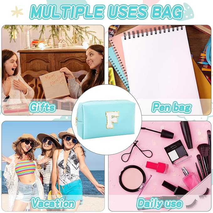 Gifts for Girls Initial Makeup Bag Personalized Cosmetic Bag with Zipper Cute Travel Toiletry Bag Waterproof PU Preppy Makeup Pouch Birthday Gift for Teen Girls Women(Blue F)