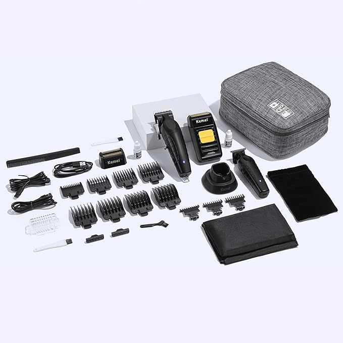 KEMEI Professional Hair Clipper and Trimmers Set, Cordless Barber Clippers, Beard Trimmer, Electric Foil Shaver with Replacement Heads, KM-2299, KM-2296, KM-1102