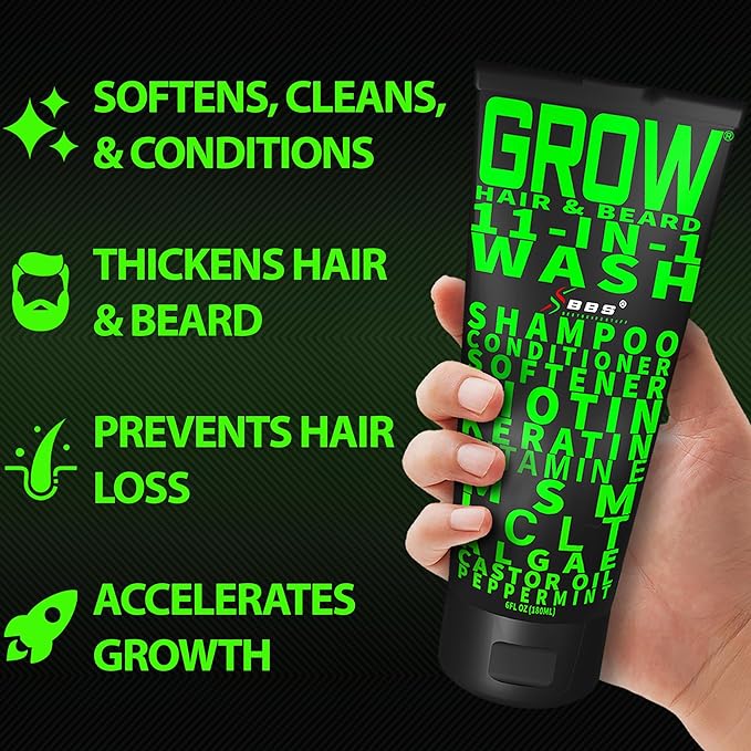 Biotin Beard Balm + 11-in-1 Beard & Hair Growth Shampoo – Kit with Castor Oil, Peppermint & Keratin – 2X Thickening Balm, Mustache Wax & Conditioner – Hydrates, Thickens & Softens