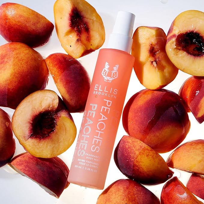Ellis Brooklyn PEACHES Hair And Body Fragrance Mist - Fruity Floral Perfume Mist For Women with Sweet Peach, Rosebud, & Sandalwood, Vegan Perfume Made In The USA, 100ml 3.38 Fl Oz