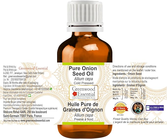 Greenwood Essential Pure Onion Seed Oil (Allium cepa) Cold Pressed 5ml (0.16 oz)