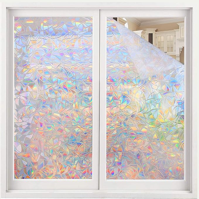 Volcanics Window Privacy Film Static Window Clings Vinyl 3D Decals Stickers Rainbow Window Film for Glass Door Home Heat Control Anti UV 23.6 x 78.7 Inches