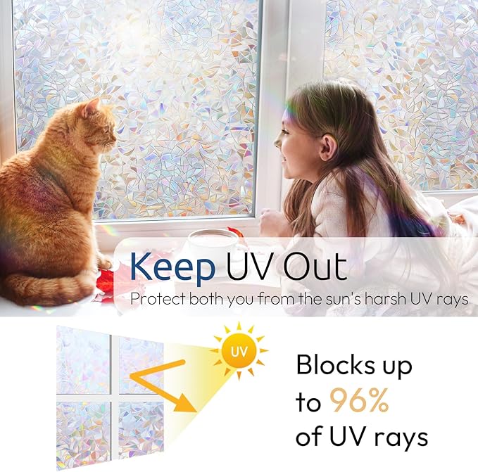 rabbitgoo Window Privacy Film Rainbow Film Decorative Window Sticker, 3D Static Stained Glass Cling Tint for Home Heat Control Non-Adhesive, 29.5 x 118.1 inches