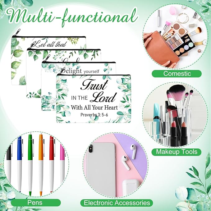 Hillban 36 Pcs Christian Gifts for Women Christian Makeup Bag Bible Verse Cosmetic Bag Inspirational Pencil Case with Zipper Green Leaves Travel Organizer Pouch for Cosmetics Makeup Brushes, 12 Styles