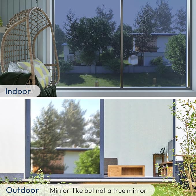 rabbitgoo Window Privacy Film One Way Window Tint for Home, Removable Reflective Heat Sun Blocking Anti UV Glass Door Covering, Mirror Tinting Film House Office, 29.5 in X 6.5 Feet, Blue Silver