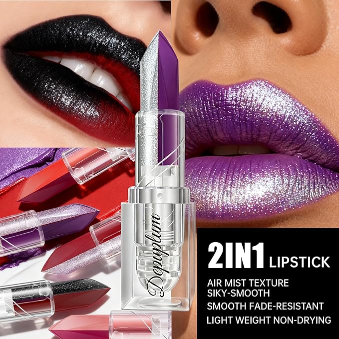 2 in 1 Red Matte Lipstick Glitter Black Lipstick Dual Sided Waterproof Lipsticks for Women One Stroke Two-Tone Long Lasting Lip Stick for Christmas Halloween, DU-G7
