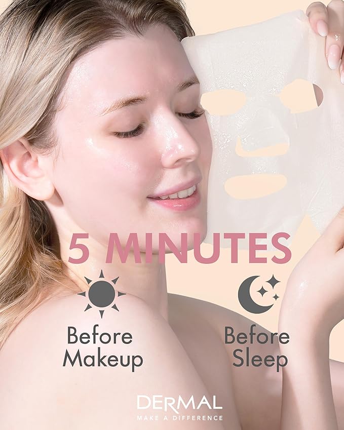 DERMAL Wine Collagen Essence Facial Mask Sheet 23g Pack of 10 - Moisturizing & Firming for Tired Skin, Relieves Skin Stress, Daily Skin Treatment Solution Sheet Mask