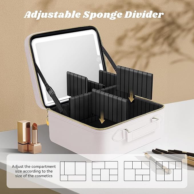 JUSRON Travel Makeup Bag With LED Mirror, Cosmetic Train Case with Light up Mirror, Portable Makeup Artist Organizer Bag with Adjustable Dividers, Makeup Brush Holder Storage (White, Medium)