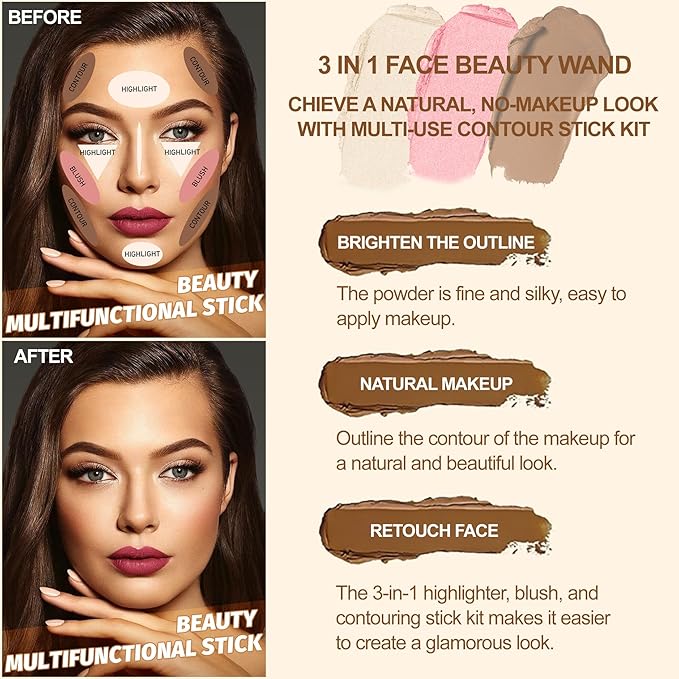 Lezero 3Pcs Contour Stick Makeup Kit, Shades with Highlighter, Blush and Bronzer Stick for Sculpt the Face and All Skin Type, Long Lasting, Smooth, Dewy & Matte Finish, LIGHT