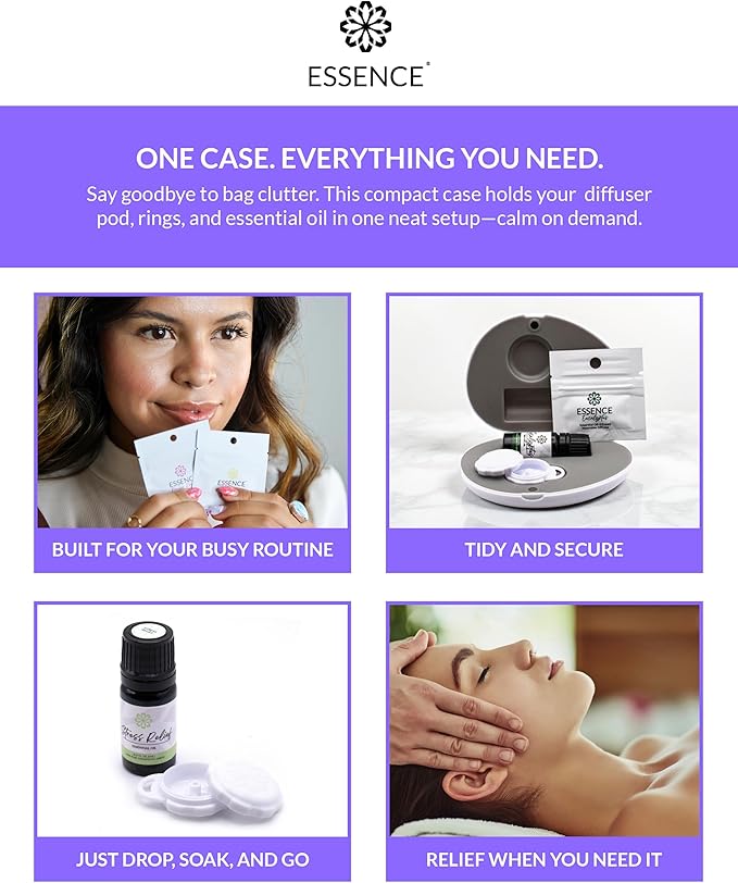 Essence Pearl Travel Case - Wearable Aromatherapy Kit with Nasal Diffuser Rings, Soaking Bay, and 5mL Essential Oil – Portable Wellness Gift Set for On?The?Go Self Care