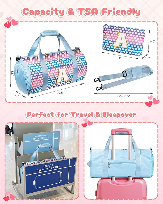 Stocking Stuffers for Kid, Girls Travel Duffel Bag, Kids Initial Overnight Bags with Shoe Compartment, Initial Duffle Bag with Makeup Pouch, Christmas Gifts for Grandkids (Letter Z)