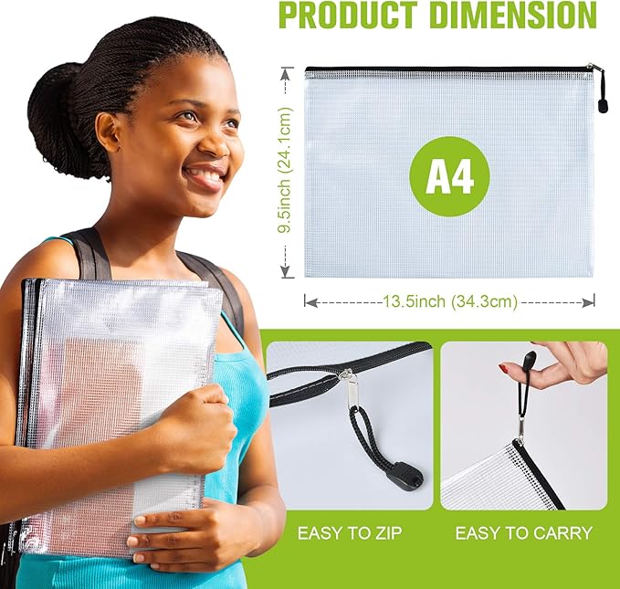 12 Pcs Plastic Mesh Zip File Bags, Waterproof Tear-Resistant Document File Folders, A4 Size Zipper Documents Pouch Document Organizer Bags for School Office Home Travel Storage(13.5×9.5Inch)