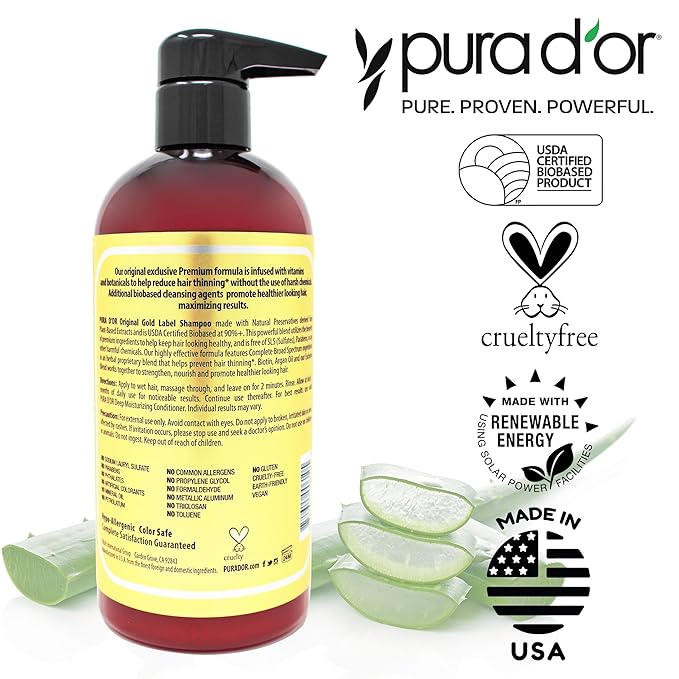 PURA D'OR Original Gold Label Anti-Thinning Shampoo Clinically Tested, Infused with Argan Oil, Biotin & Natural Ingredients, Sulfate Free, All Hair Types, Men and Women, 16 Fl Oz (Packaging may vary)