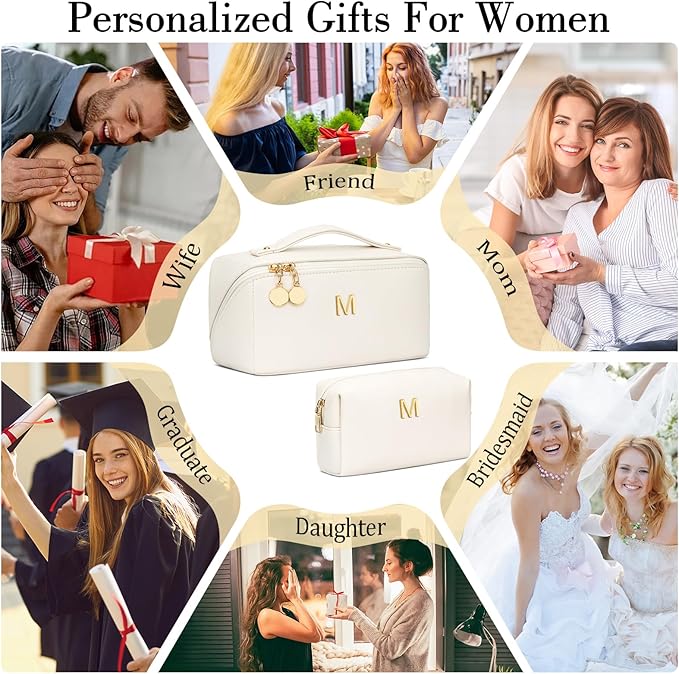Birthday Gifts for Women Teen Girl, Personalized Initial Makeup Organizer Bag Set, Open Flat Travel Cosmetic Bag With Clear Divider and Handle(Beige,M)