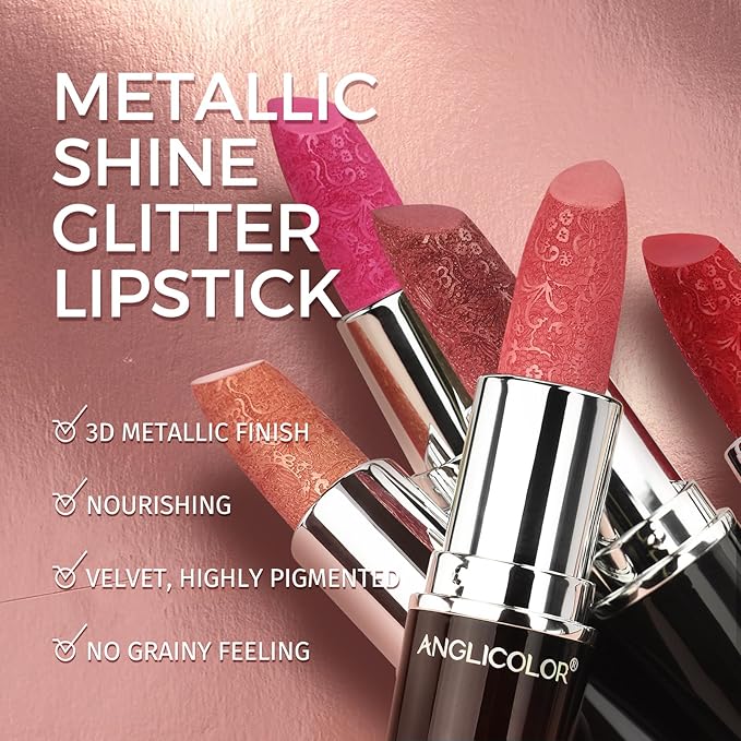Anglicolor 2pcs Glitter Pink Lipstick,High Impact Lipcolor,Lightweight Hydrating Formula Smooth and Non-Sticky,Metallic Lipstick For Women,Full-Coverage Lip Color