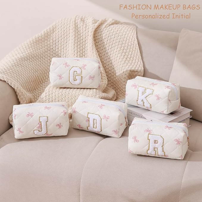 Gleyemor Personalized Initial Makeup Bag for Women, Cute Quilted Pink Floral Cotton Cosmetic Bag, Christmas Gifts for Her Mom Friend Sister Bridesmaid Teacher Women J