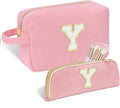 Personalized Initial Makeup Bag Trendy Stuff Corduroy Cosmetic Bag Travel Toiletry Bag for Women, Christmas/Thanksgiving/Halloween Gifts Makeup Organizer Case for Teen Girls Mom Girlfriend Wife - Pink