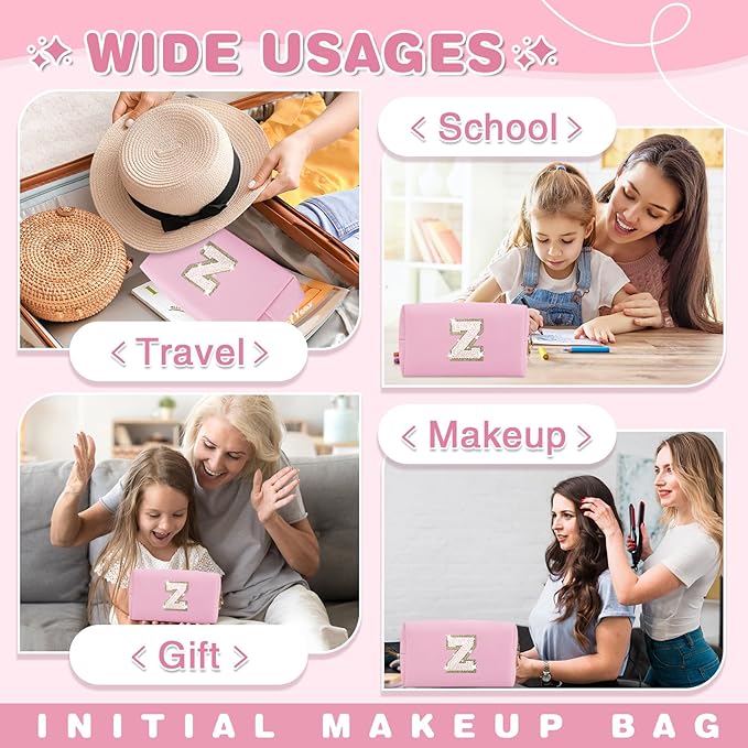 Small Personalized Initial A-Z Patch Makeup Bag,Pink Cute PU Leather Glitter Letter Cosmetic Bag for Teen Girls,Travel Toiletry Bag with Zipper,Preppy Monogrammed Birthday Gift for Daughter Niece Z