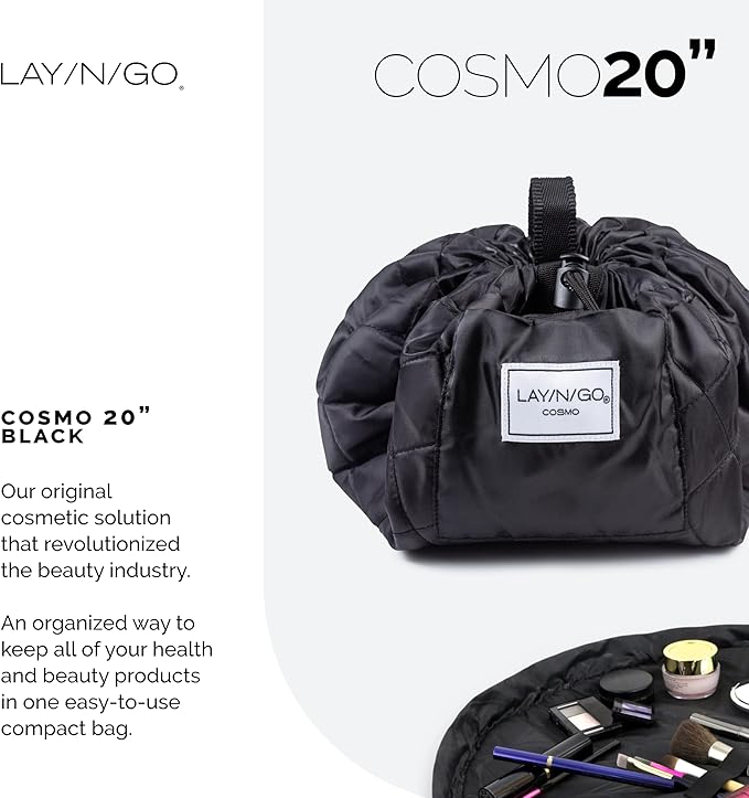 Lay-n-Go Cosmo Layflat Drawstring Cosmetic & Makeup Bag Organizer - Portable Drawstring Bag w/Zipper Pocket, Makeup Loops & More - Durable, Machine Washable Toiletry Bag for Travel (20", Black)