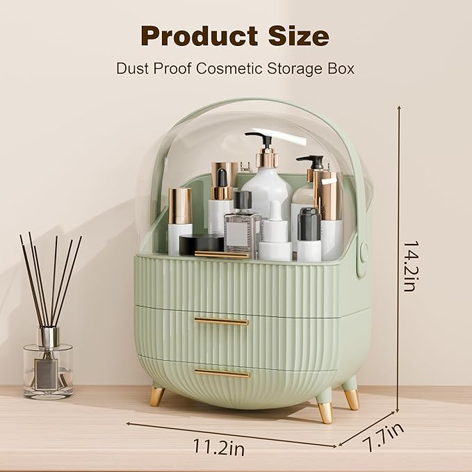 Makeup Organizers and Storage, Make up Organizer for Vanity Cosmetics Skincare Organizers With Lid and Drawers Display Cases for Countertop（Light Green）
