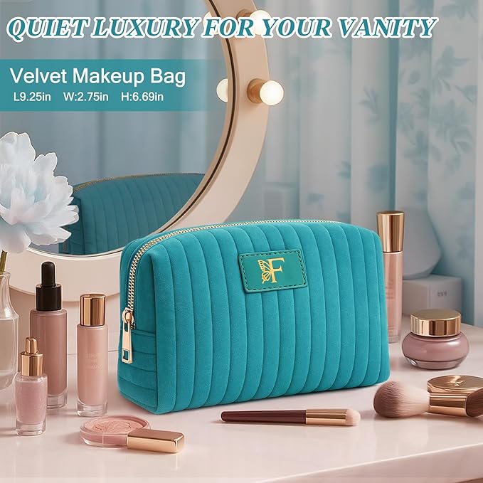 Monogrammed Make Up Bags for Women,Personalized Cosmetic Bags Women,Small Quilted Makeup Pouch,Cute Makeup Bag Travel,Birthday Gifts for Teen Girl (Blue F)