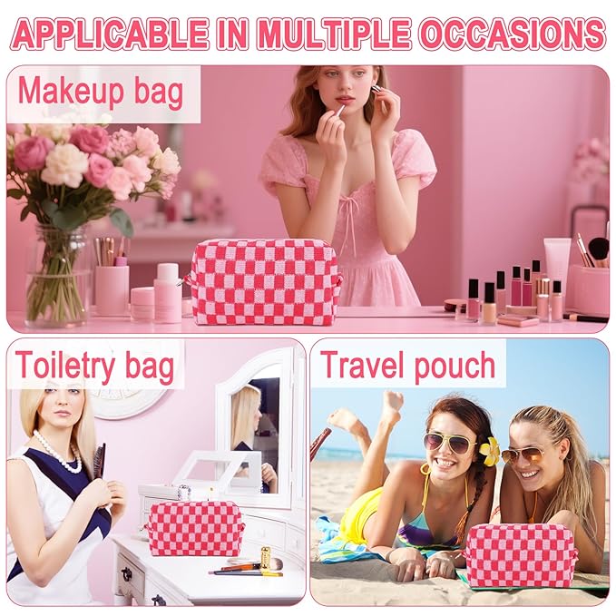 ZLFSRQ 6Pcs Checkered Pencil Case Cute Pencil Pouch for Teens Checkered Makeup Bag Pink Medium Travel Cosmetic Bag Makeup Pouch for Purse Aesthetic Trendy Zipper Toiletry Bags Organizer