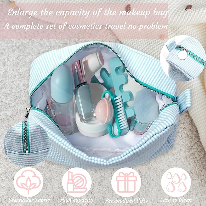 Custom Makeup Bag Personalized Cosmetic Bag Cute Seersucker Travel Toiletry Bag for Women Embroidered Bag Organizer for Bride Makeup Bag Gift Pink