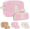2PCS Makeup Bag with Initials, Christmas Day Gifts for Teen Girls Trendy Stuff, Personalized Cosmetic Travel Bag Pouch for Granddaughter, Cute Plush Make up Bags for Birthday - Pink R