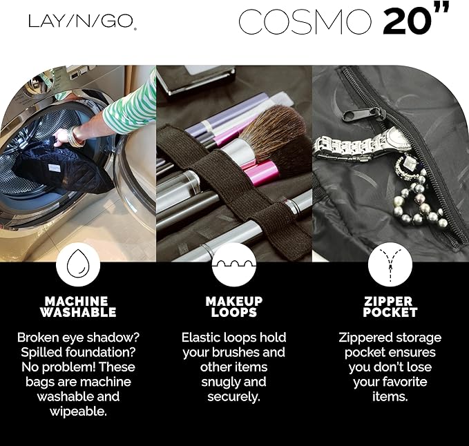 Lay-n-Go Cosmo Drawstring Cosmetic & Makeup Bag Organizer - Portable Drawstring Makeup Bag w/Zipper Pocket, Makeup Loops & More - Durable, Machine Washable Toiletry Sack for Travel (20", Pink Camo)