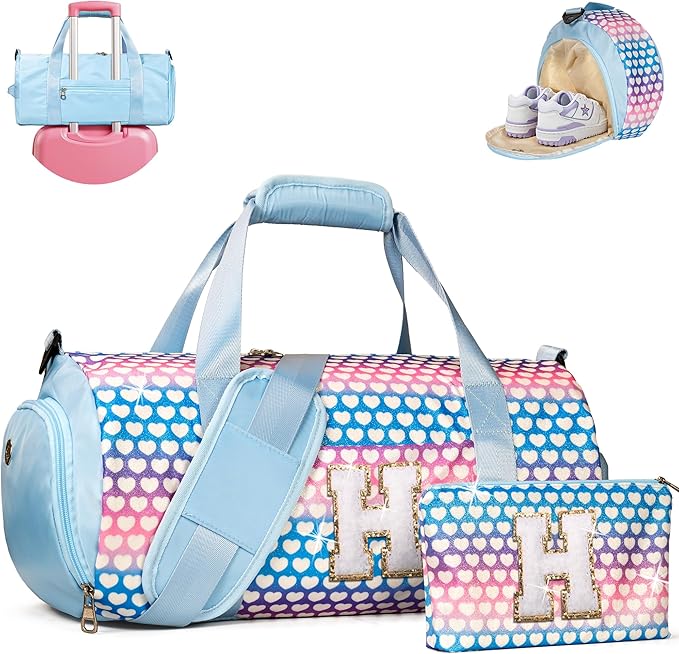 Christmas Gift for Kid, Girls Travel Duffel Bag, Kids Initial Overnight Bags with Shoe Compartment, Initial Duffle Bag with Makeup Pouch, Birthday Gifts for Toddler (Letter H)