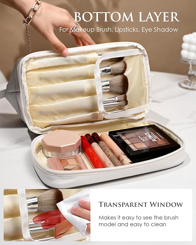 Birthday Gifts for Women, Initial Large Makeup Bag, Personalized Double Layer Cosmetic Bag with Makeup Brush Organizer, Waterproof, PU Leather Travel Toiletry Bag,Bride Gift Monogrammed Gifts