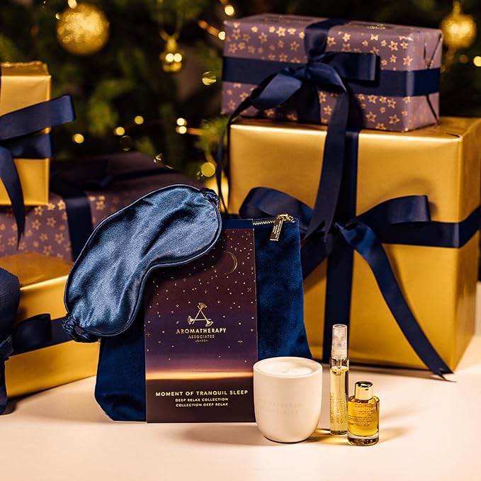 Aromatherapy Associates Moment of Tranquil Sleep. Luxurious Gift Set Includes Deep Relax Bath & Shower Oil, Sleep Mist, Candle Votive, Eye Mask and Lush Velvet Bag (1 Count)
